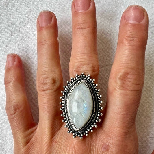 925 The Lightkeeper Rainbow FLASH Moonstone Ring 10.25