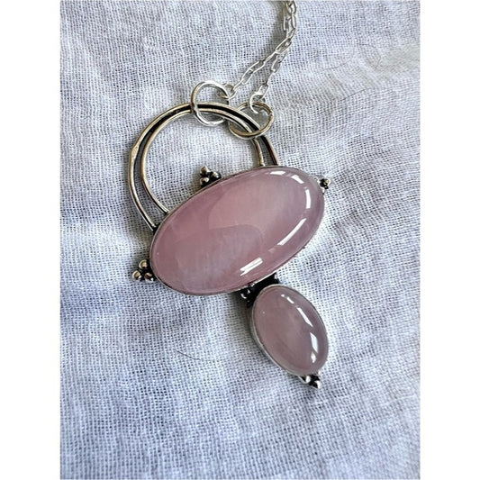 925 Rose Quartz Love Pendant Nexklace + Paperclip Chain