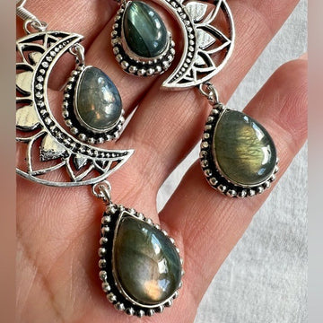 925 LUNA MOON Flash Labradprite Crescent Moon Earrings