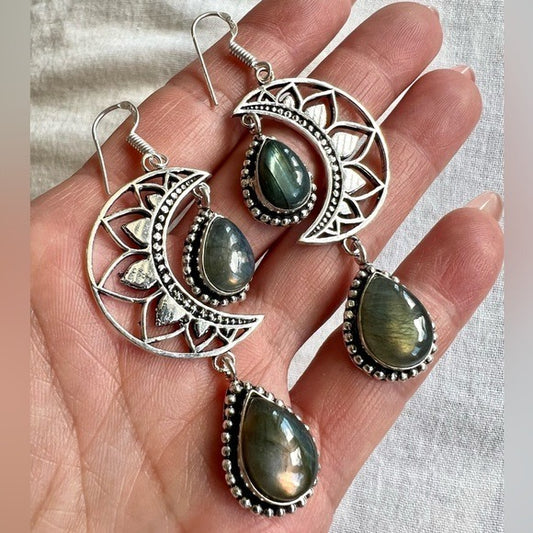 925 LUNA MOON Flash Labradprite Crescent Moon Earrings