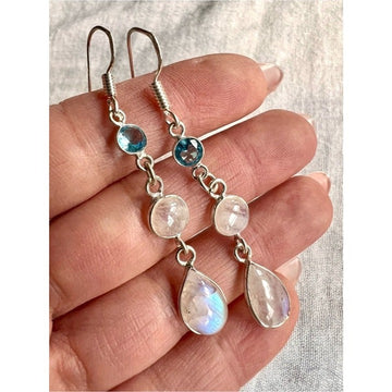 925 YOU CHOOSE! ANGELIC Flash Moonstone + Blue Topaz Long Dainty Earrings