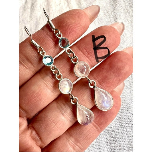 925 YOU CHOOSE! ANGELIC Flash Moonstone + Blue Topaz Long Dainty Earrings