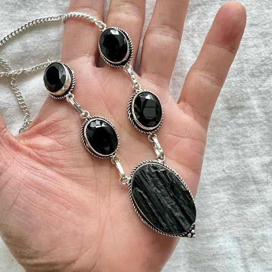 925 Raw Black Tourmaline + Onyx Necklace