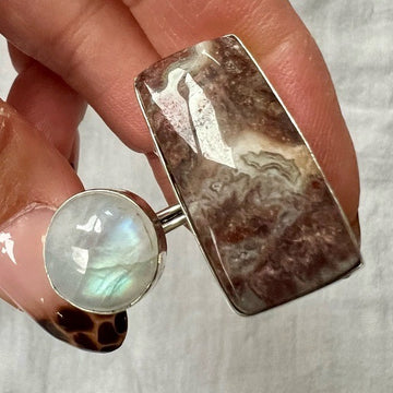 925 Crazy Lace Agate + Rainbow Pastel Flash Moonstone Ring 8