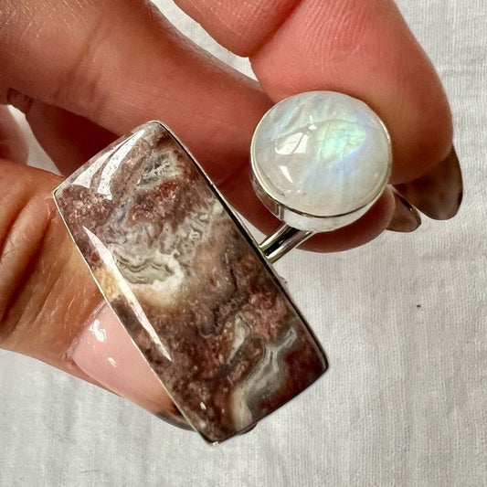 925 Crazy Lace Agate + Rainbow Pastel Flash Moonstone Ring 8