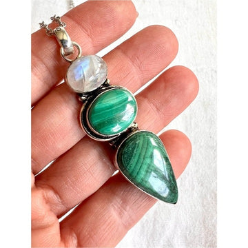 925 AURA Flash Moonstone + Malachite Pendant Necklace