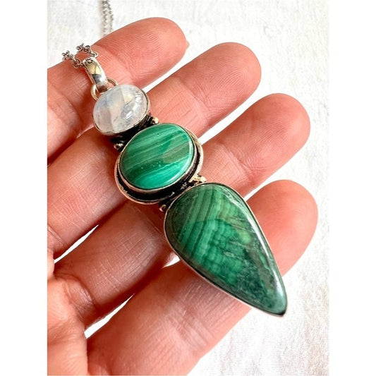 925 AURA Flash Moonstone + Malachite Pendant Necklace