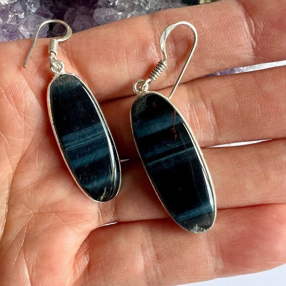 925 Blue Black Tigers Eye Earrings