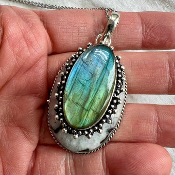 925 OMG OMG Flash Labradorite on Moonstone w/ Blk Tourmaline! necklace pendant