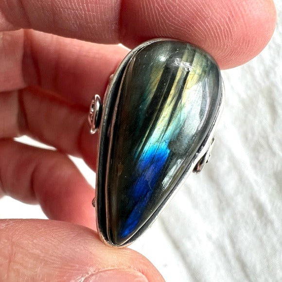 925 WOW! Flash Labradorite Teardrop Ring 6