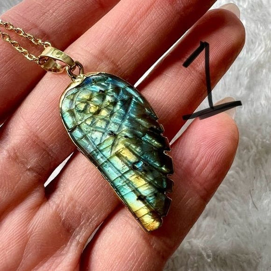 14k Gold Plated Flash Labradorite Hand Carver Wing Pendant Necklace