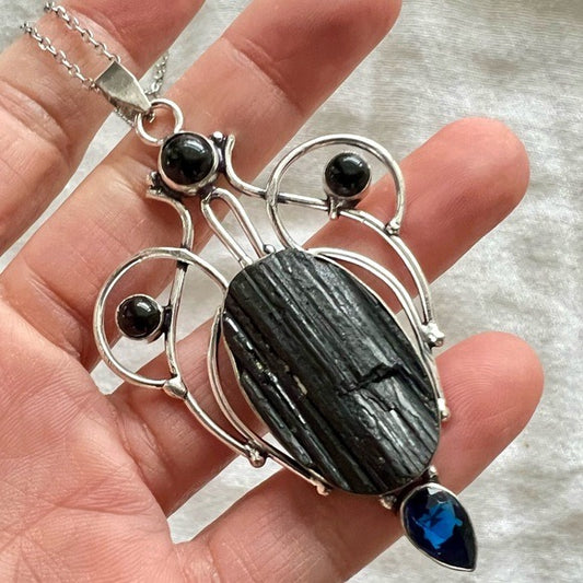 925 STUNNING Raw Black Tourmaline + Onyx + Tanzanite Pendant Necklace