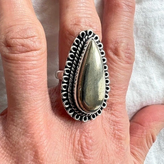 925 Abundance! Polished Pyrite Teardrop Ring 9