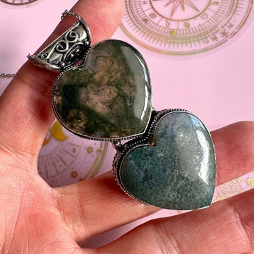 925 DOUBLE HEART ❤️ Moss Agate Necklace Pendant