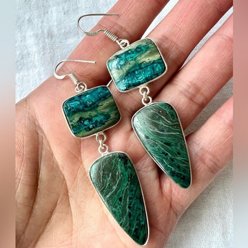 925 MASSIVE! Chrysocolla Malachite LONG Gorgeous Earrings. OOAK