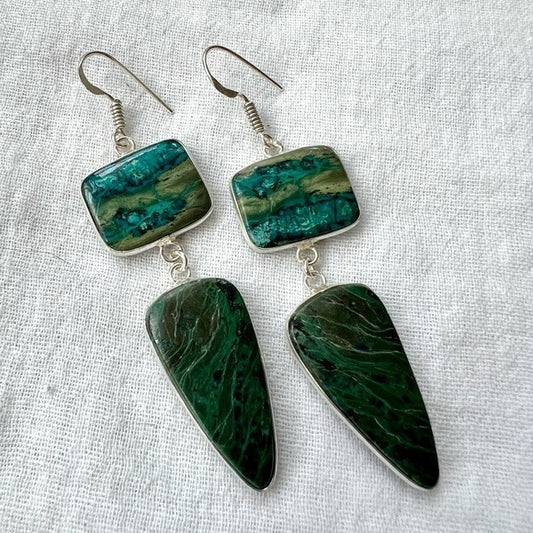 925 MASSIVE! Chrysocolla Malachite LONG Gorgeous Earrings. OOAK