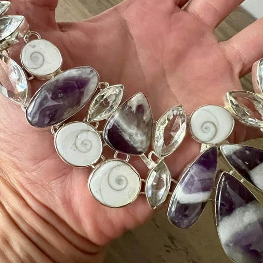 925 OMG GORG! Dream Amethyst + Shivas Eye Shell Goddess Collar Bib Necklace