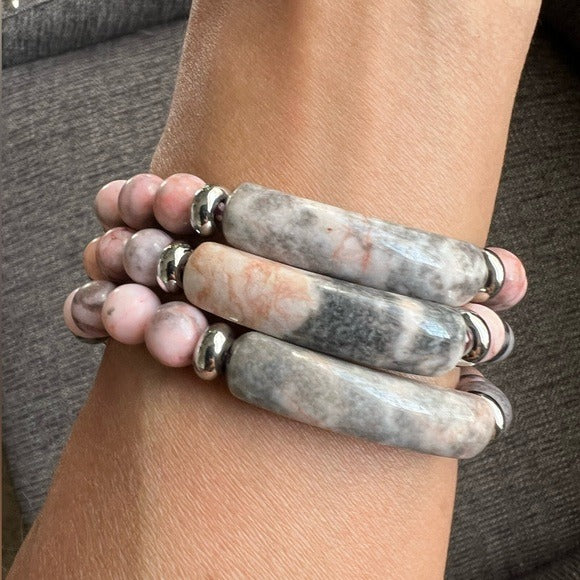 3 Bracelet Stack! Pink Zebra Jasper Mala ID Style