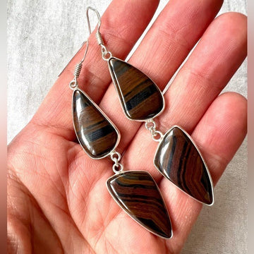 925 Iron Tigers Eye Double Stone Long Earrings