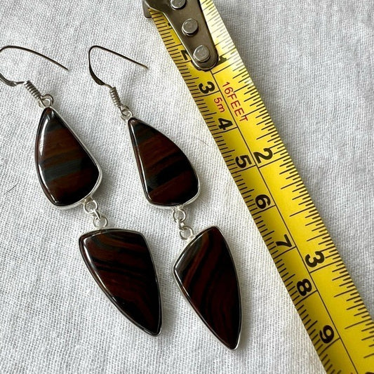 925 Iron Tigers Eye Double Stone Long Earrings