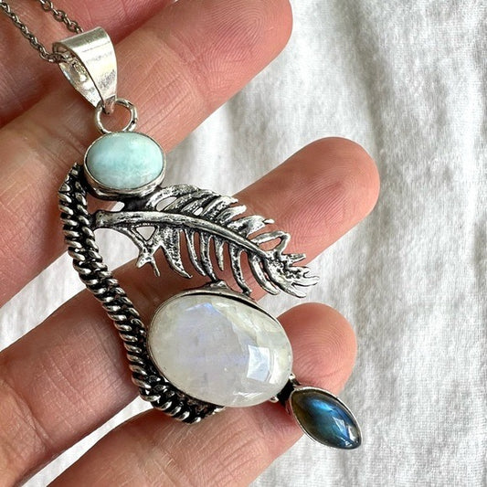 925 Rainbow Moonstone + Larimar + Blue Flash Labradorite FEATHER Necklace