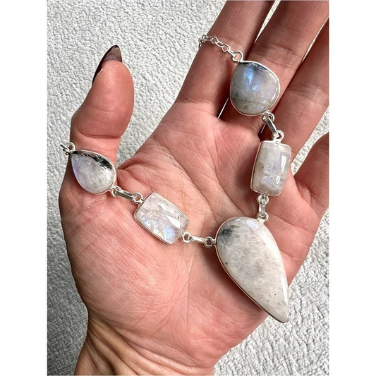925 Ethereal Rainbow Flash Moonstone w/ Blk Tourmaline Necklace