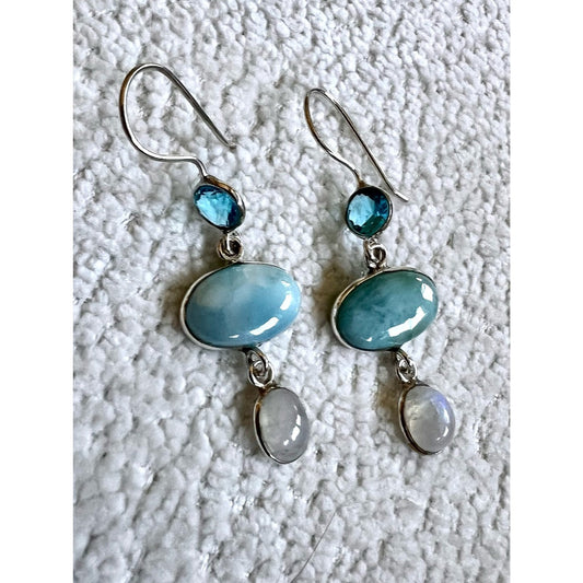 925 Spiritual Harmony A Larimar, Flash Moonstone + Swiss Topaz Earrings