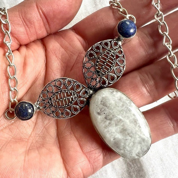 925 Moon Energy Third Eye Moonstone + Lapis Lazuli Pendant Necklace