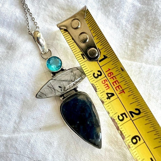 925 Shadow Blue Flash Labradorite + Tourmalated Quartz Pendant Necklace