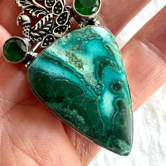 925 Calming Confidence Malachite Chrysocolla Peacock Pendant Necklace