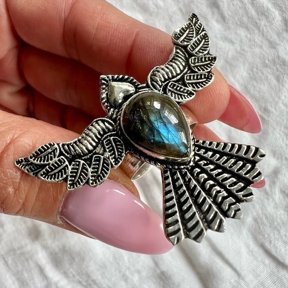 925 Peace Dove ❤️ Flash Labradorite Ring 7.5