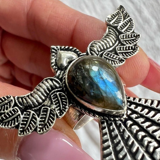 925 Peace Dove ❤️ Flash Labradorite Ring 7.5
