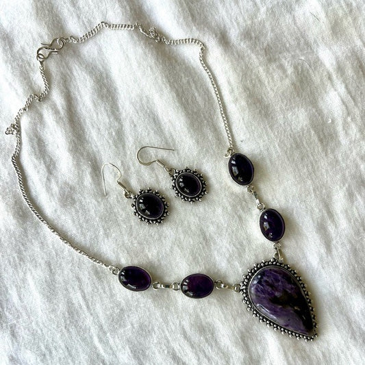 925 Stunning Set! Charoite + Amethyst Necklace and Earrings Set!