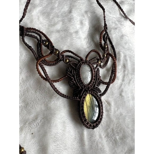 Artisan Braided Hemp Flash Labradorite + Rainbow Moonstone Necklace