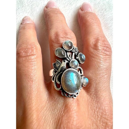 925 Bird + Flower Flash Labradorite Ring 6, 7, 8, 9, 10.5