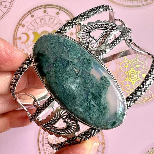 925 Earth Stone Moss Agate Cuff Bracelet