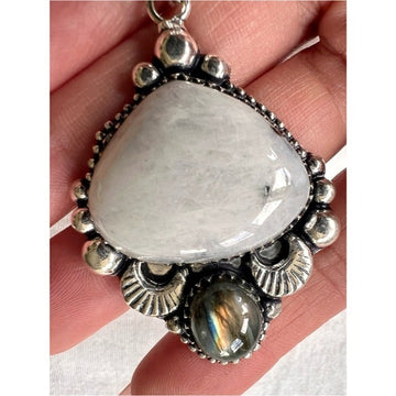 925 Luna Moon Rainbow Flash Moonstone + Labradorite Pendant Necklace