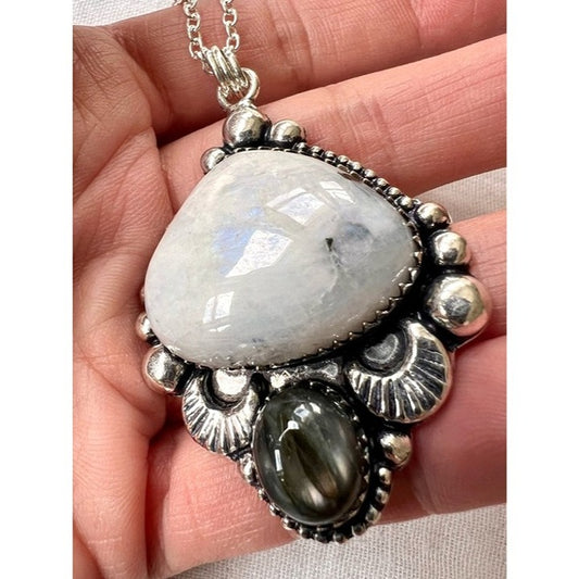 925 Luna Moon Rainbow Flash Moonstone + Labradorite Pendant Necklace