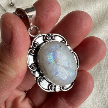 925 Ornate Rainbow Flash Moonstone Pendant Necklace