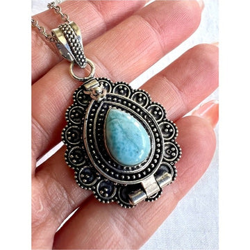 925 Caribbean Larimar Poison Locket Pendant Necklace