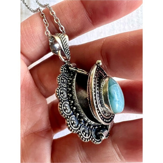 925 Caribbean Larimar Poison Locket Pendant Necklace