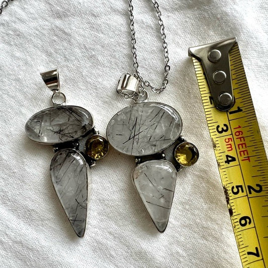 925 Stunning! Tourmalated Quartz Black Tourmaline + Citrine Pendant Necklace