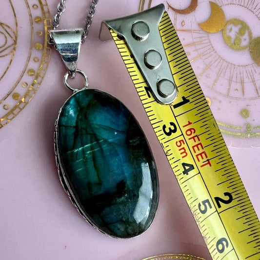 925 Aqua Flash Labradorite Cabachon Pendant Necklace