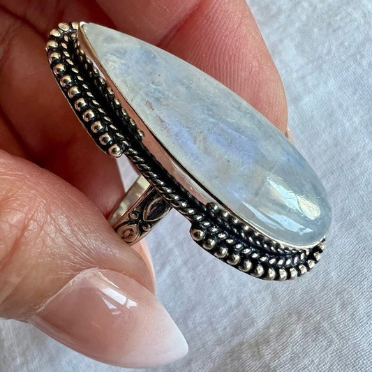 925 OOAK Ethereal Blue Flash Long Moonstone Ring 9.25