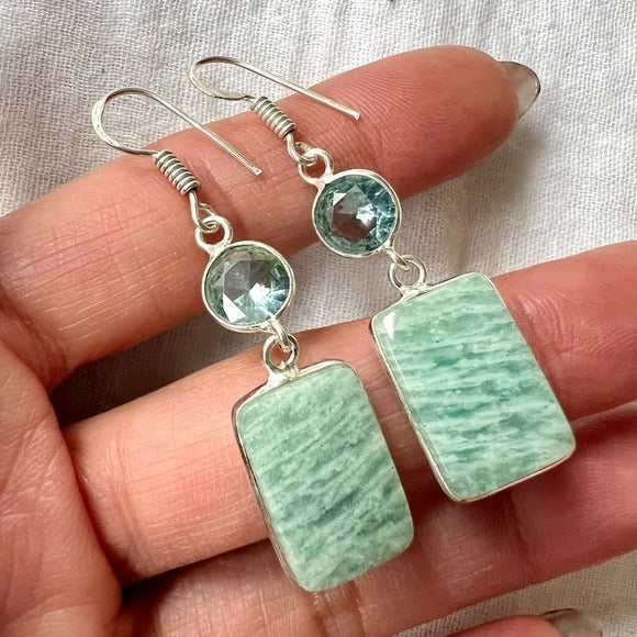 925 Dainty Amazonite + Ice Blue Topaz Earrings