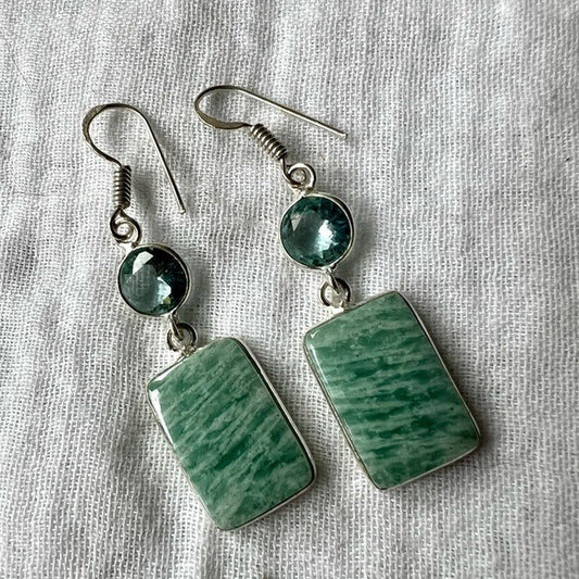 925 Dainty Amazonite + Ice Blue Topaz Earrings