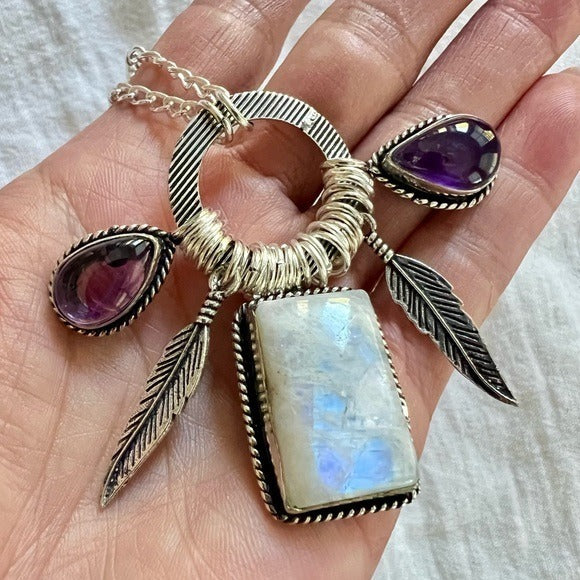 925 WOW WOW!! Amazing! Rainbow Flash Moonstone + Amethyst Feather Necklace
