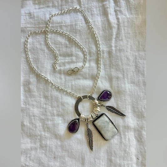 925 WOW WOW!! Amazing! Rainbow Flash Moonstone + Amethyst Feather Necklace