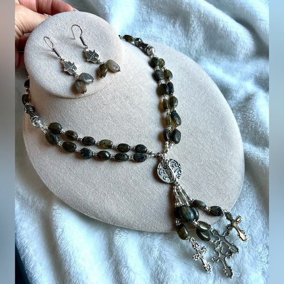 925 GORGEOUS! Labradorite Cross Necklace & Earring Set