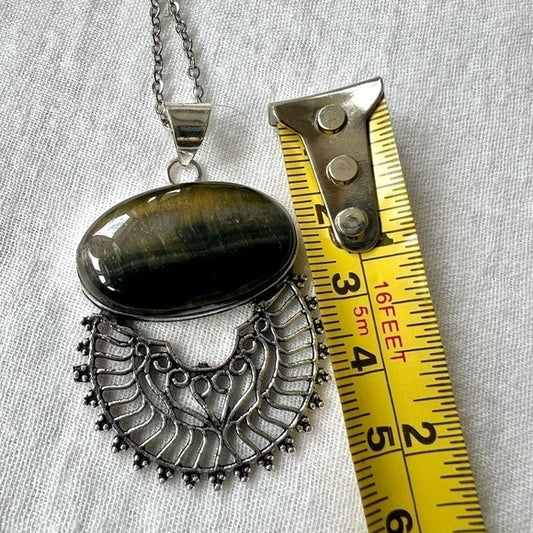 925 Blue Black Brown Tiger’s Eye Mandala Pendant Necklace